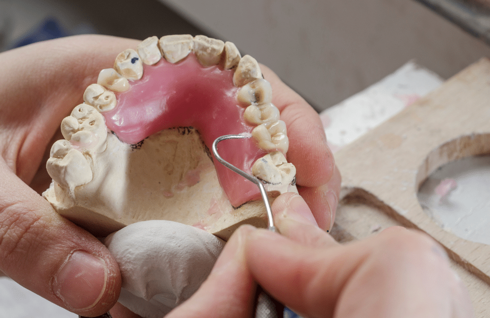 Acrylic partial dentures arranged neatly in the lab workspace.